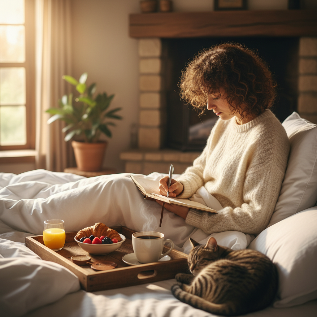 Woman writing in a journal beside herbal tea